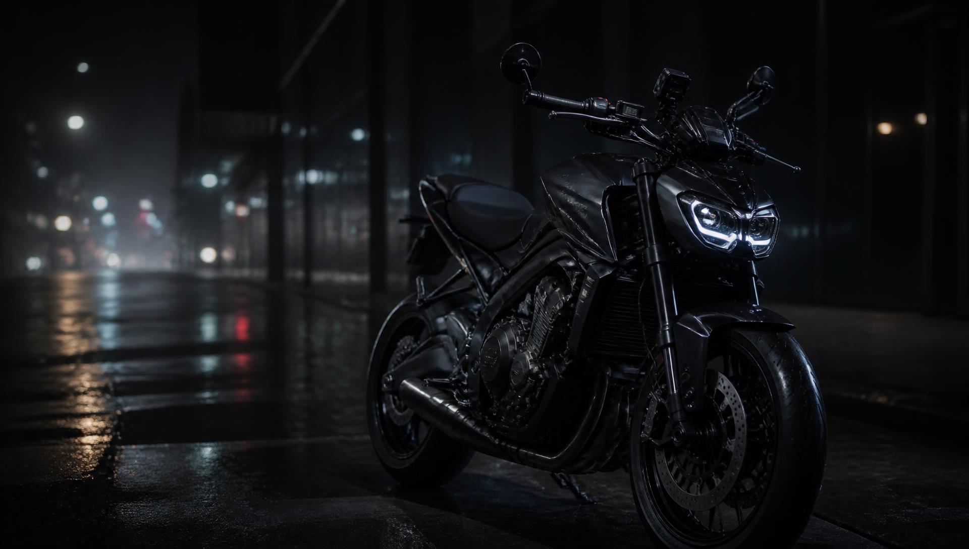 Motorcycle rider at night on a city road